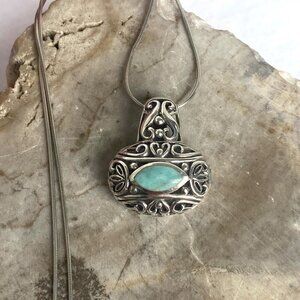 Sterling Silver 925 Chunky Bali Style Scrollwork Turquoise Pendant Necklace 18"